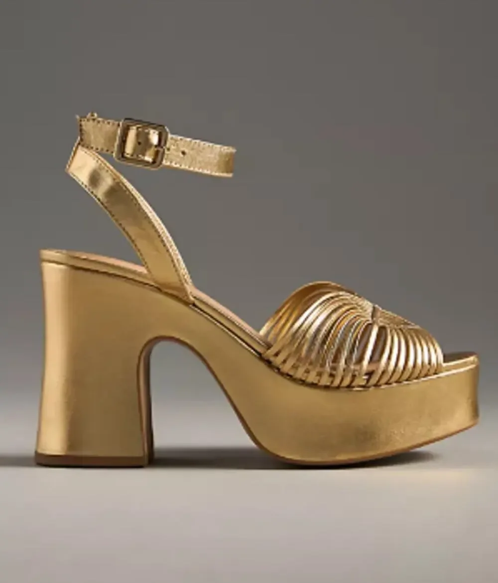 Maeve Anthropologie Lorelei Gold Leather Platform Ankle Strap Heels Size37 6-6.5